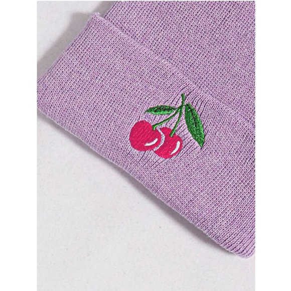 LILAC LAVENDER LIGHT PURPLE CHERRY EMBROIDERED BEANIE - Picture 2 of 3